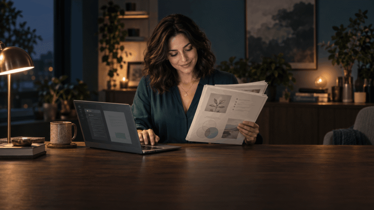 a-lovely-woman-working-on-laptop-and-smiling