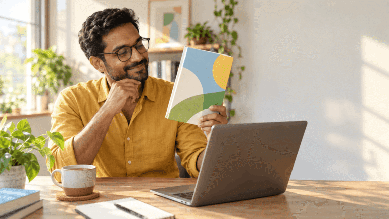 A man at a sunlit desk smiling as he checks a printed book cover, illustrating how to fix gibberish text in AI generated images