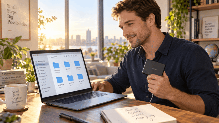 A man holding an external drive while checking an organised folder of files on his laptop