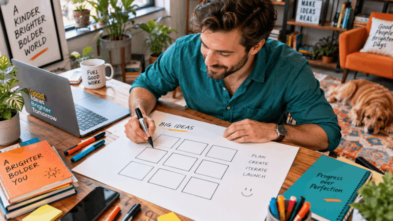 A man sketching a grid layout on paper next to an open laptop