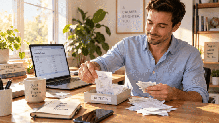 A man calmly sorting sales receipts at a sunlit desk beside a laptop spreadsheet