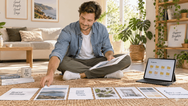 A man laying out printed pages in a row as he assembles a digital product kit